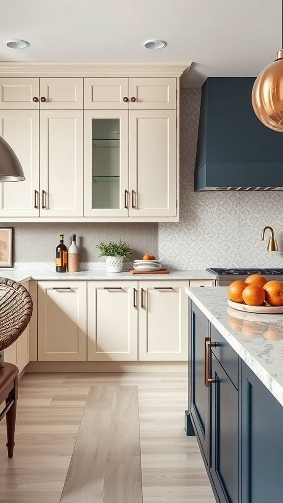 A modern kitchen with two-tone cabinets featuring oversized hardware.