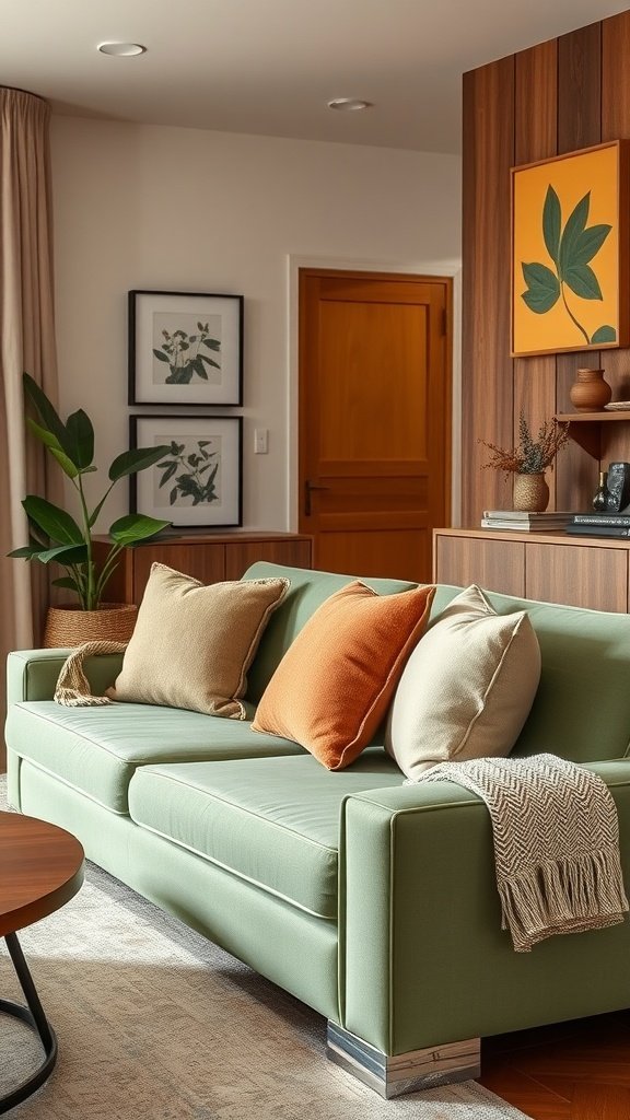 A sage green sofa with warm neutral pillows in a cozy living room setting.