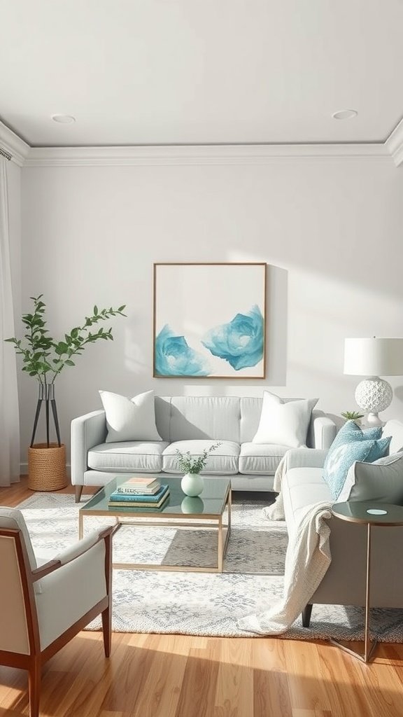 A serene living room with pale aqua accents and neutral tones.
