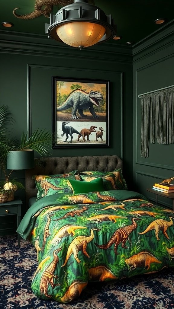 A themed bedroom with dinosaur bedding and wall art, featuring dark green walls and a cozy decor.