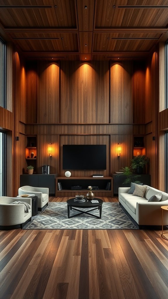 Modern living room with wood paneling and built-in lighting