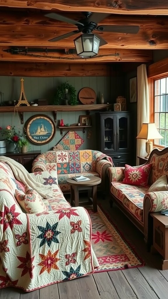 A cozy rustic living room featuring colorful patchwork quilts on the sofas.
