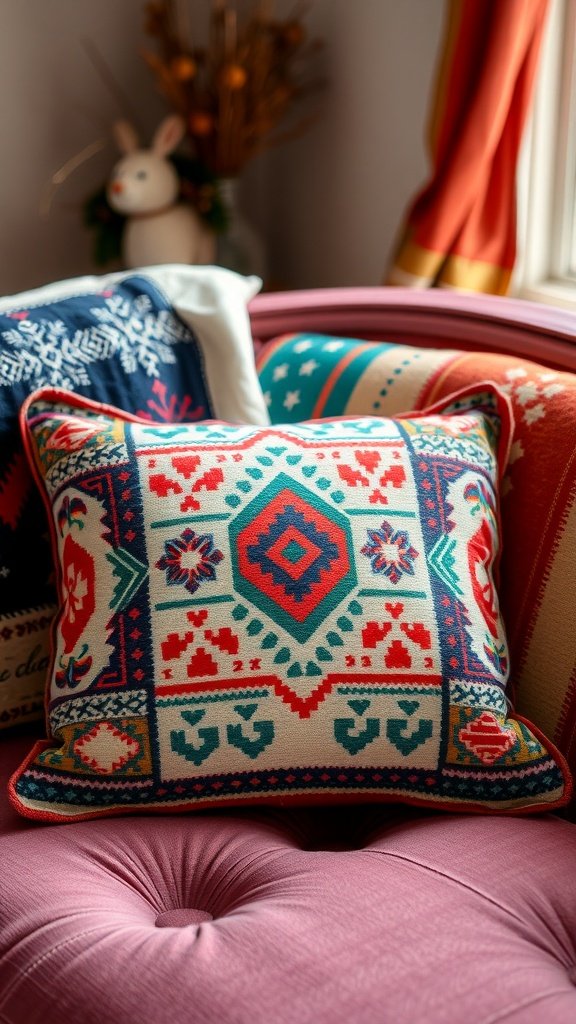 A colorful bohemian-patterned pillow on a pink couch.