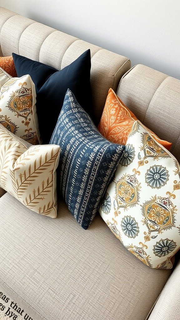 A cozy sofa adorned with various patterned cushions in warm colors.