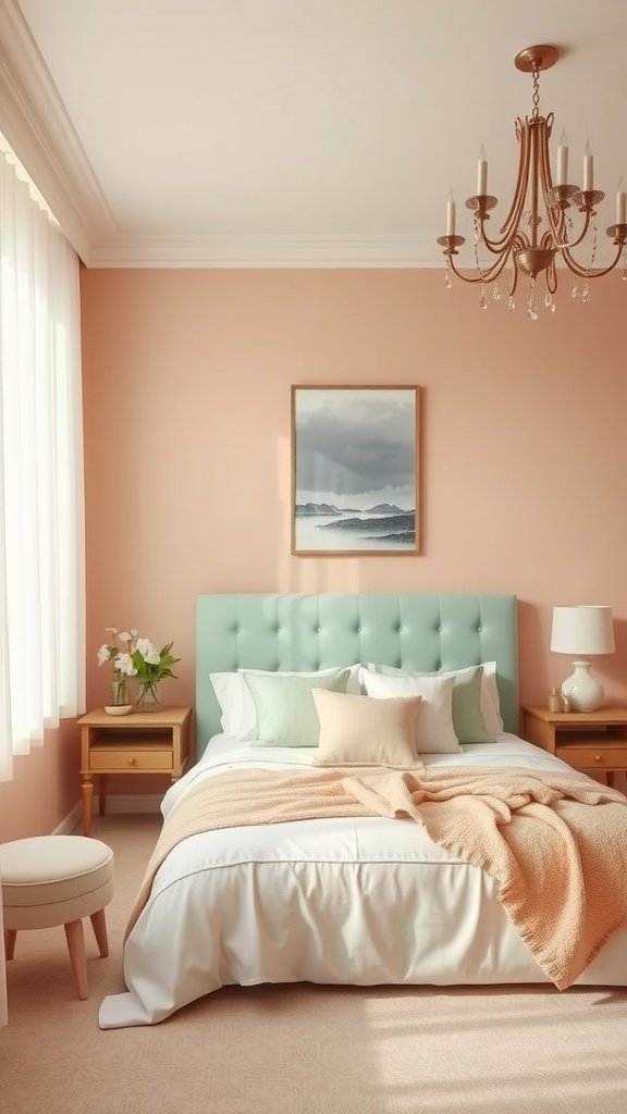 A cozy bedroom featuring peach walls and mint green accents.