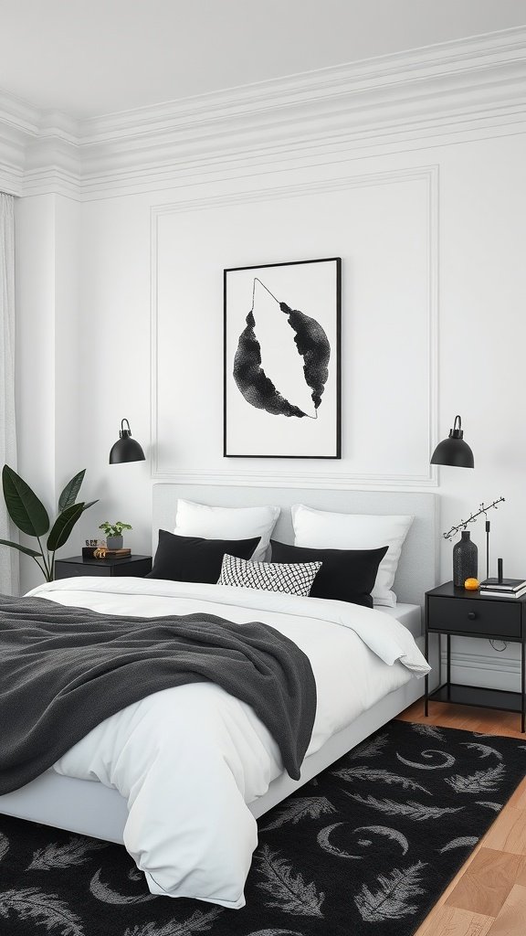 A modern bedroom featuring pearl white walls, a charcoal throw, and black accent pillows.