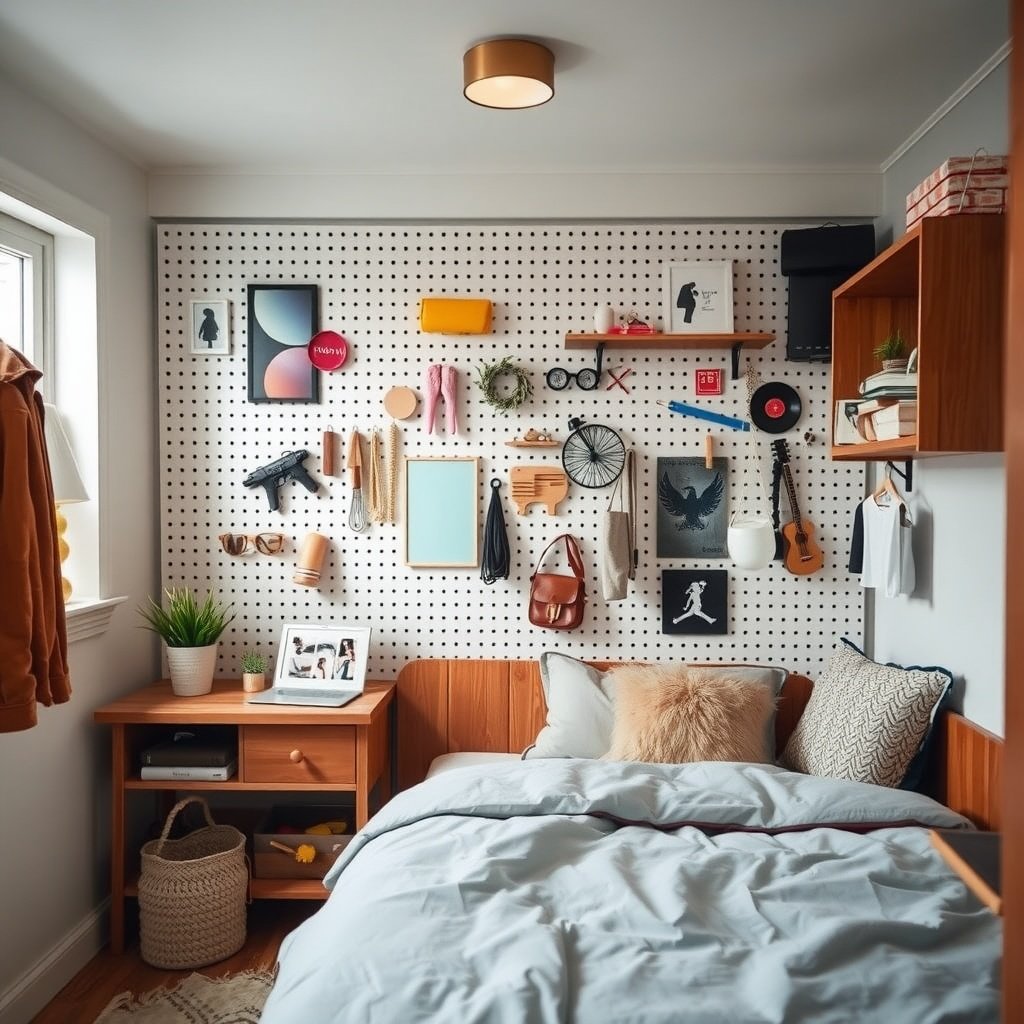 A cozy bedroom with a pegboard wall displaying various accessories, including headphones, a guitar, and bags, showcasing space-saving storage.