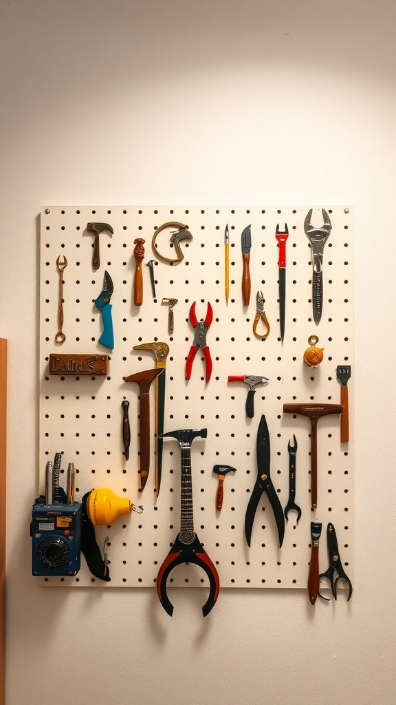 A pegboard displaying various small tools and items for organization.