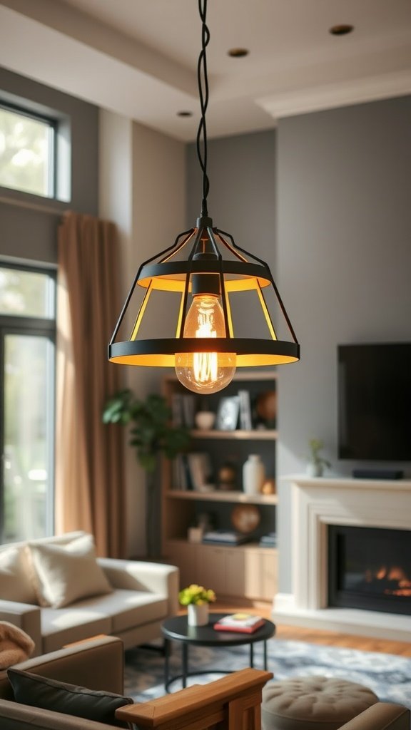 A stylish pendant light hanging in a modern living room setting.