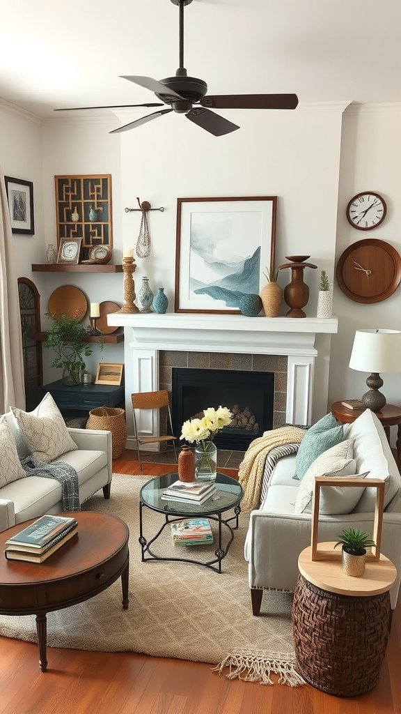 A modern farmhouse living room with personalized decor including vases, books, and cozy seating.