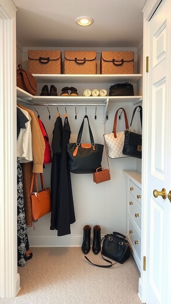 A well-organized walk-in closet displaying various bags, shoes, and clothing items.