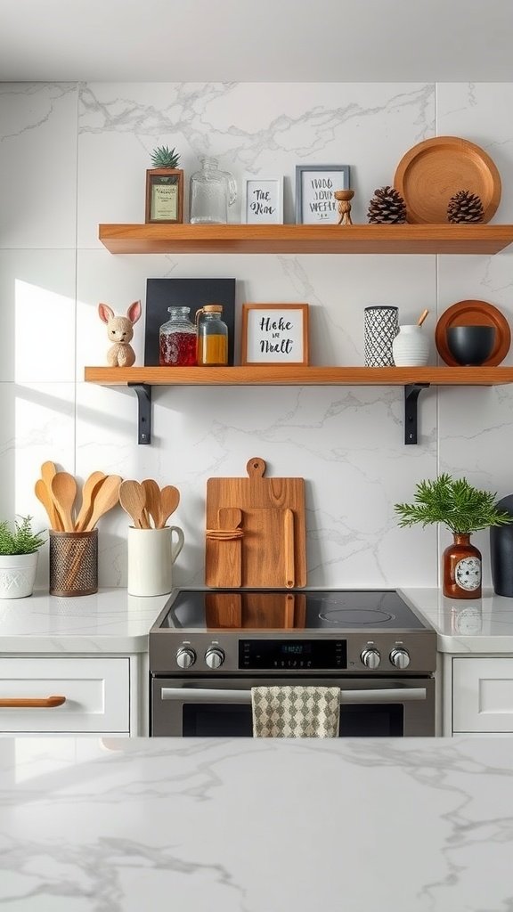 A modern kitchen with marble countertops, wooden shelves, and decorative items.