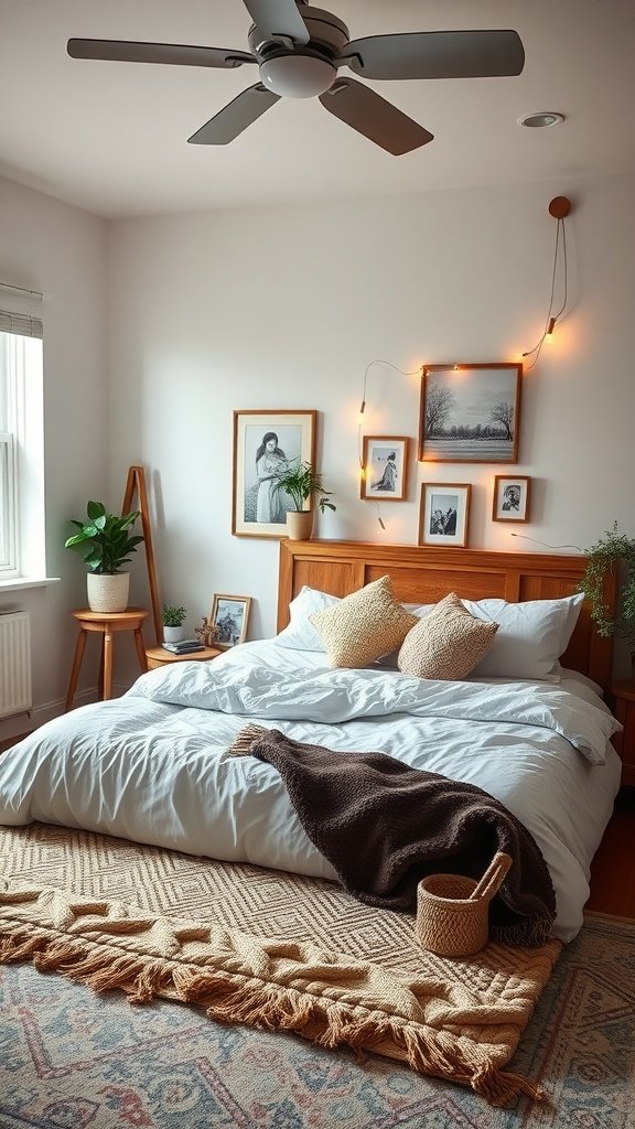 A cozy bedroom featuring personal decor touches including framed photos, a knitted blanket, and a lovely plant.