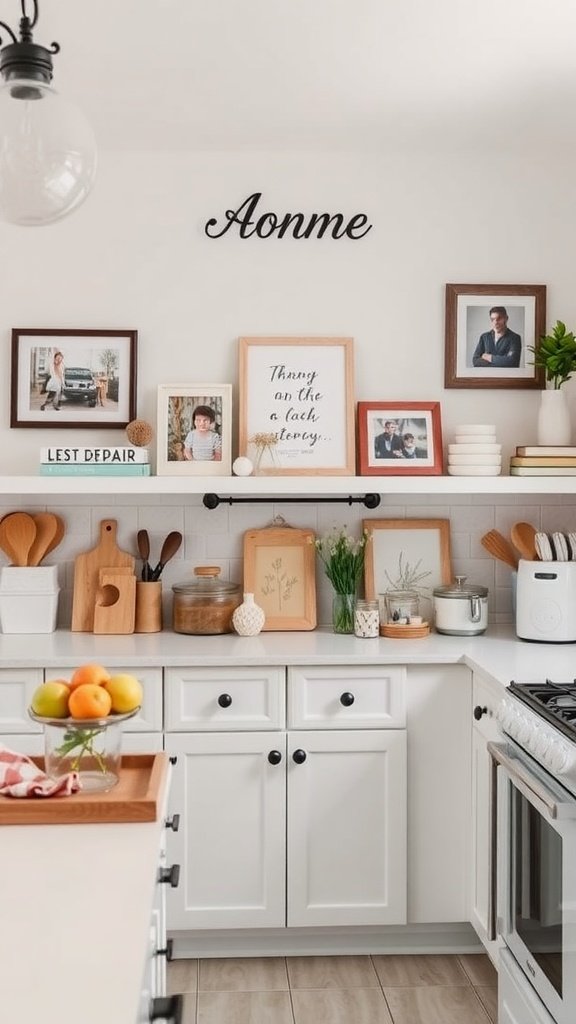 A modern kitchen featuring personalized design elements including photos, plants, and stylish kitchenware.