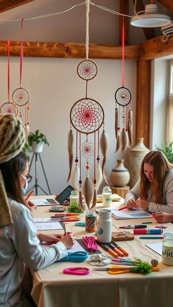 A cozy workshop setting with participants crafting dreamcatchers using various colorful materials.