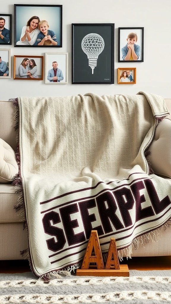 Cozy personalized family throw blanket on a sofa with family photos in the background.