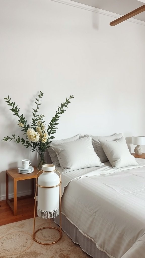 A stylish bedroom featuring a marble accent vase, a neatly made bed, and a cozy wooden side table.