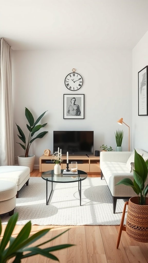 A minimalistic living room with a clock, plants, and a cozy seating area.