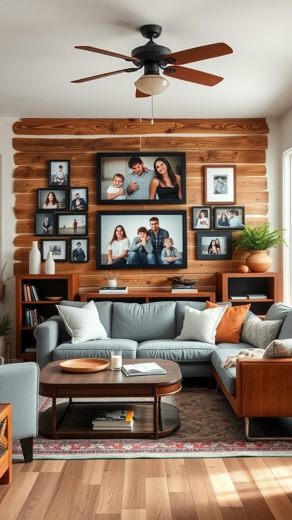 A rustic living room with a photo gallery on the wall, featuring various framed black-and-white images.