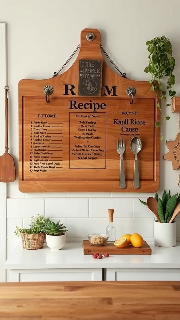 A wooden recipe board with listed recipes, displayed in a cozy kitchen setting.