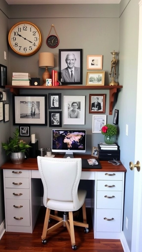 A cozy study nook with a wooden desk, computer, and framed photos on a teal wall.