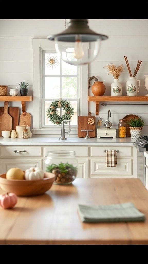A cozy farmhouse kitchen featuring wooden shelves, a bowl of fruit, and a wreath.
