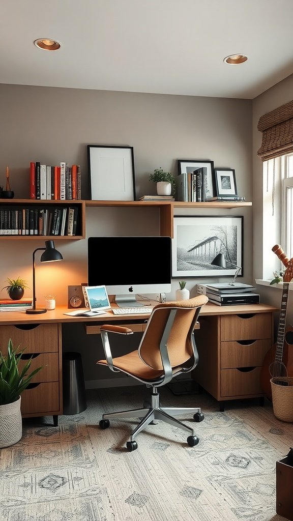 A cozy home office setting with a desk, chair, and various decor elements.