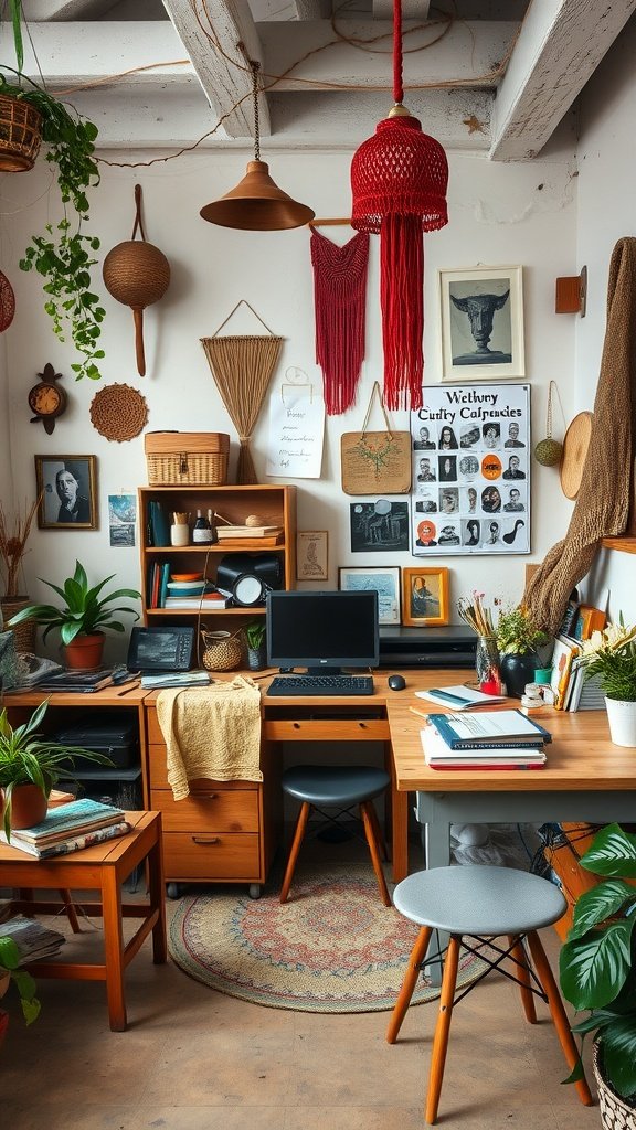 A cozy bohemian workspace filled with plants, woven decor, and unique wall art.