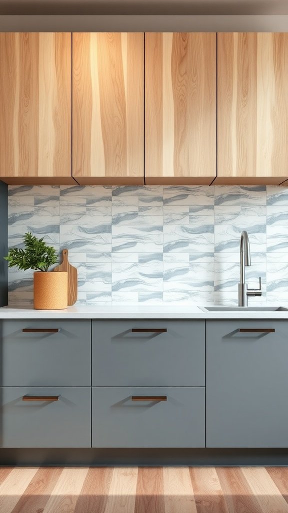 A kitchen with pewter cabinets and light wood upper cabinets.