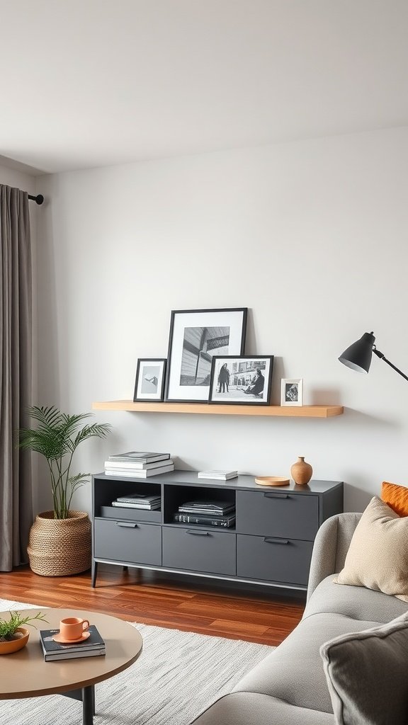 A modern living room with a floating shelf displaying photo frames above a gray media console.