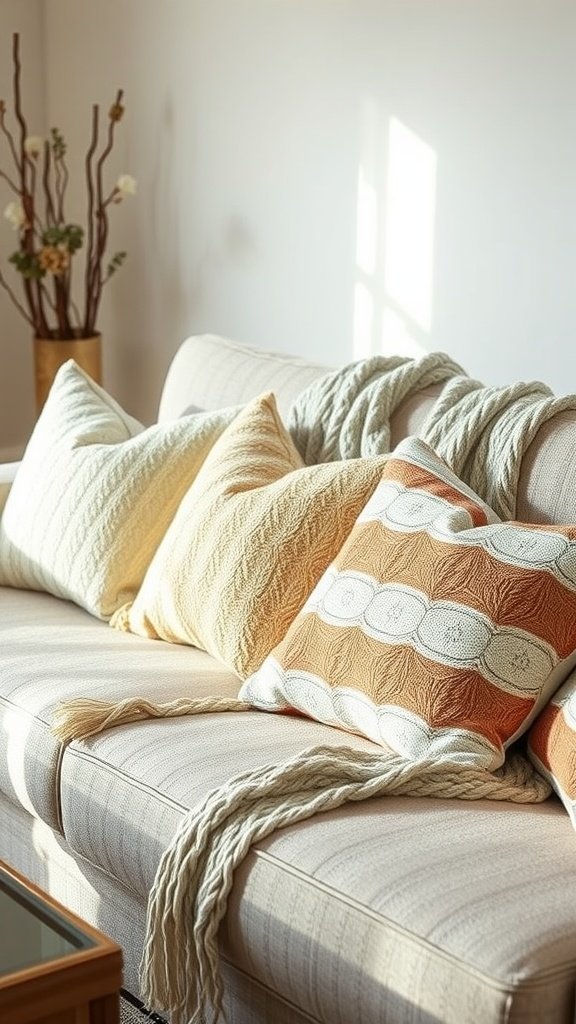 A cozy sofa with a variety of pillows and a knitted throw blanket.