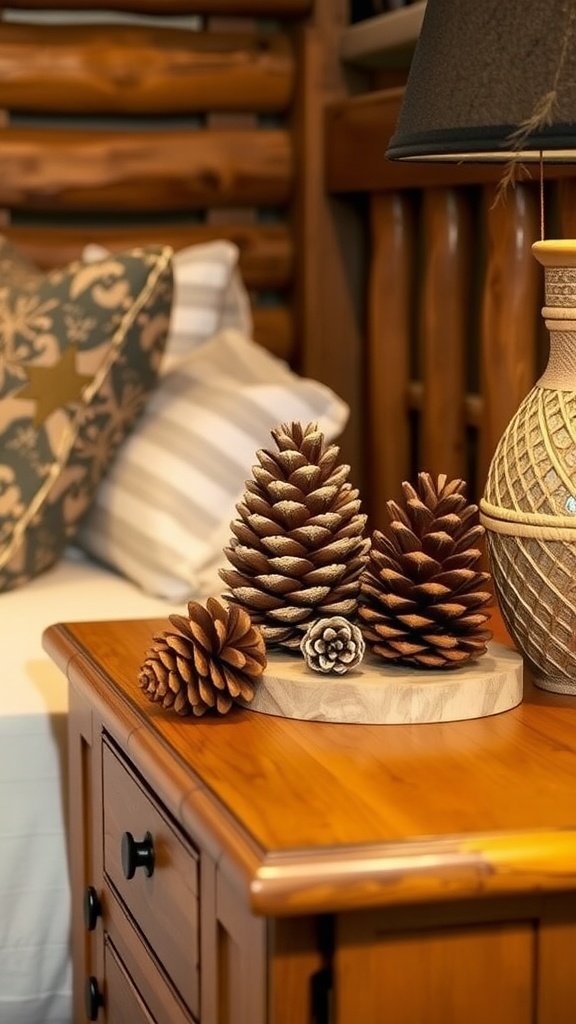 A bedside table with pine cones on top, next to a neatly made bed in a rustic-style bedroom.