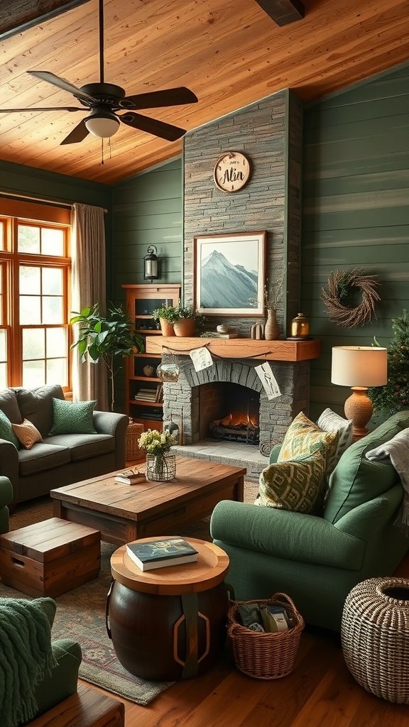A cozy living room with green walls, wooden ceiling, and a stone fireplace.