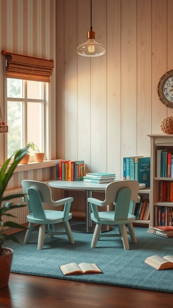 A cozy toddler reading nook with a small table, chairs, and books.