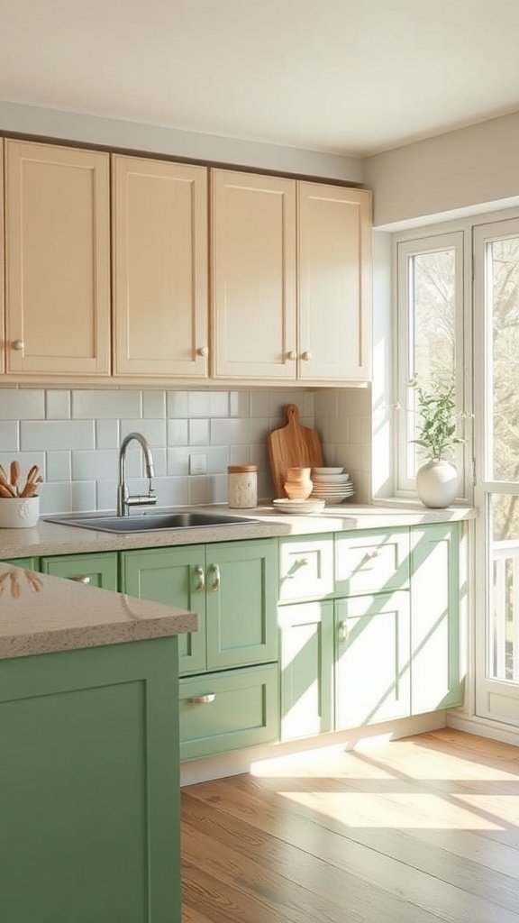 A kitchen featuring two-tone cabinets in pistachio green and almond beige, showcasing a fresh and modern design.