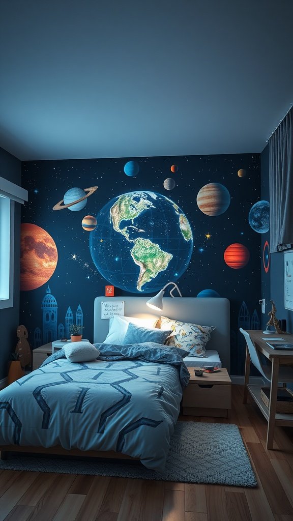 A bedroom with a space-themed mural featuring planets and stars, with cozy bedding and modern decor.