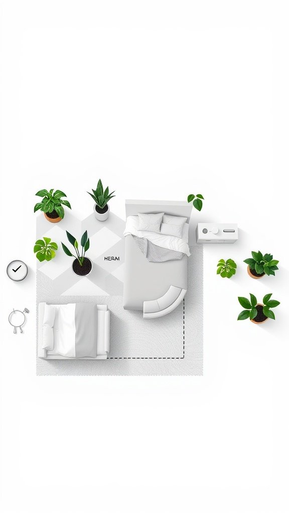 A minimalist bedroom layout featuring various indoor plants arranged thoughtfully around a bed.