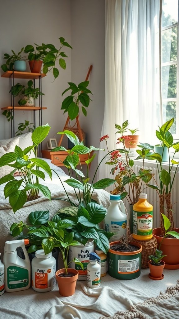 A cozy bedroom filled with various potted plants and plant care supplies.