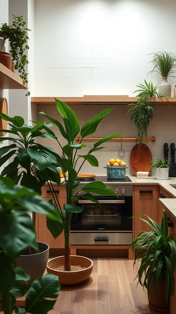 A cozy kitchen with terracotta, olive, and warm wood tones, featuring various plants.