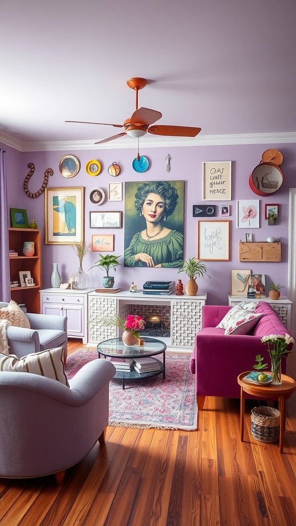 A living room featuring playful lavender walls with colorful decor and furniture.
