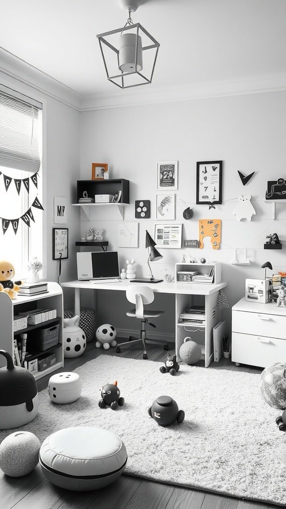 A black and white themed kids' bedroom with playful decor and toys.