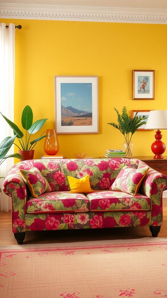 A colorful floral patterned sofa with a bright yellow wall in the background.