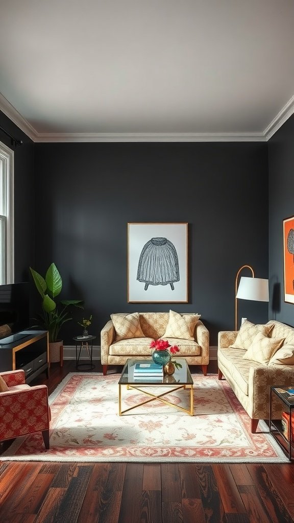 A cozy living room with dark walls and light patterned furniture.