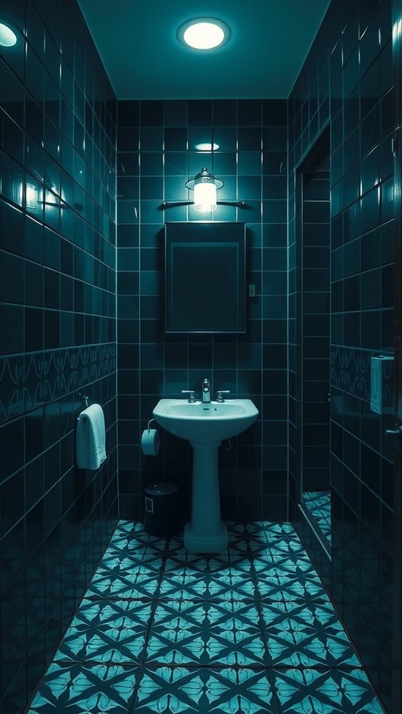 A dark bathroom with asymmetric striped tiles and decorative flooring.