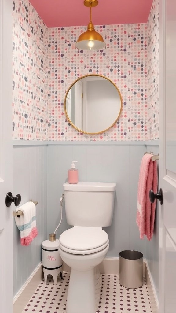 A small bathroom with pink polka dot wallpaper and a round mirror.