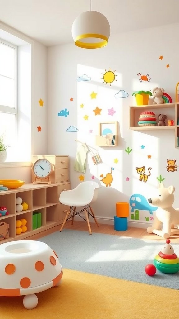 Room with colorful wall decals of animals, stars, and clouds.