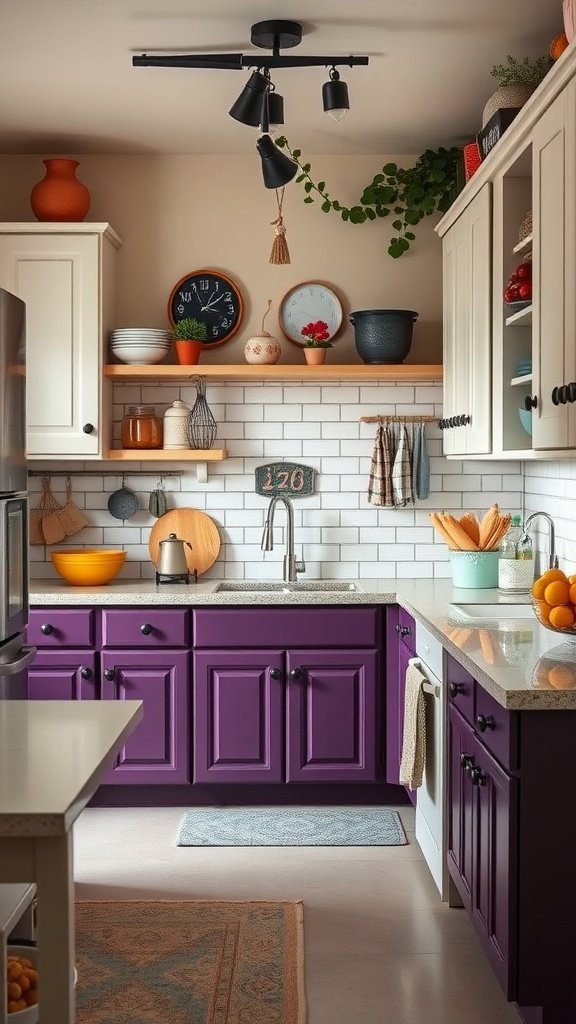 A kitchen featuring plum and white two-tone cabinetry.