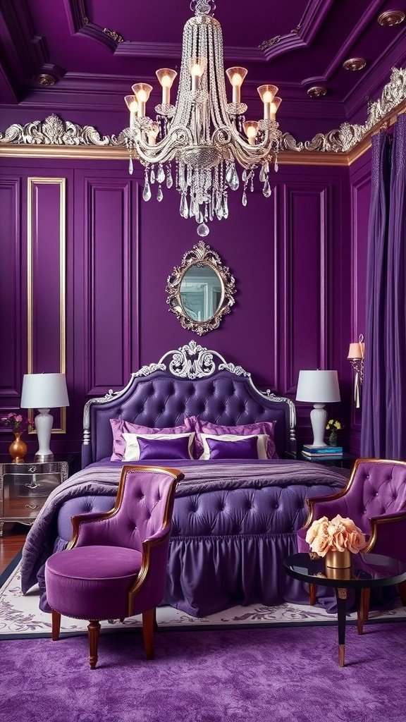 Luxurious bedroom featuring plum purple walls, furniture, and silver accents.