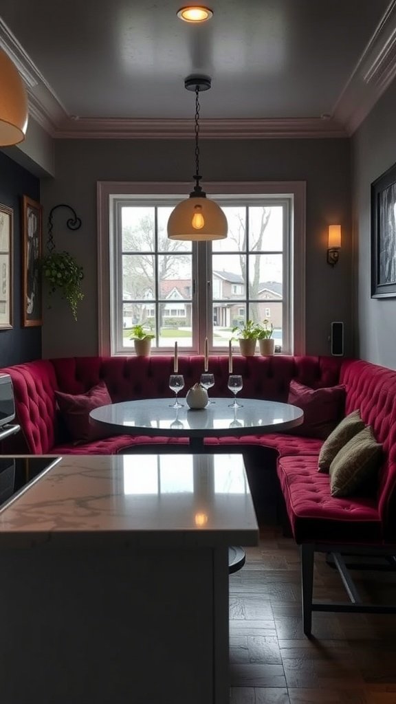 A cozy kitchen nook with plush burgundy upholstery, a round table, and soft lighting.