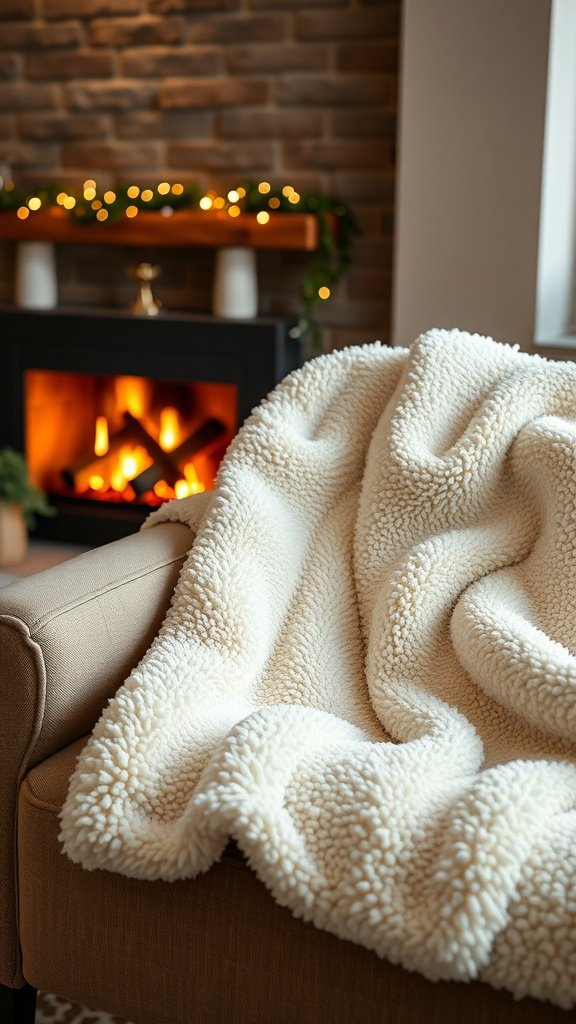 A plush Sherpa blanket draped over a chair in a cozy living room with a fireplace.